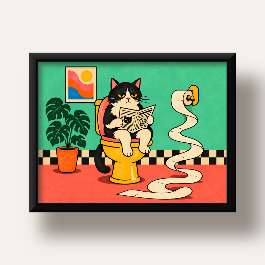 Tuvalette Gazete Okuyan Kedi Dijital Poster Krem Sarı — siyah derin çerçeveli