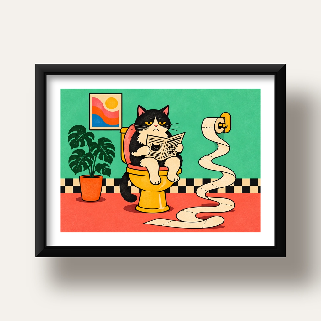 Tuvalette Gazete Okuyan Kedi Dijital Poster Krem Sarı — siyah derin çerçeveli paspartulu