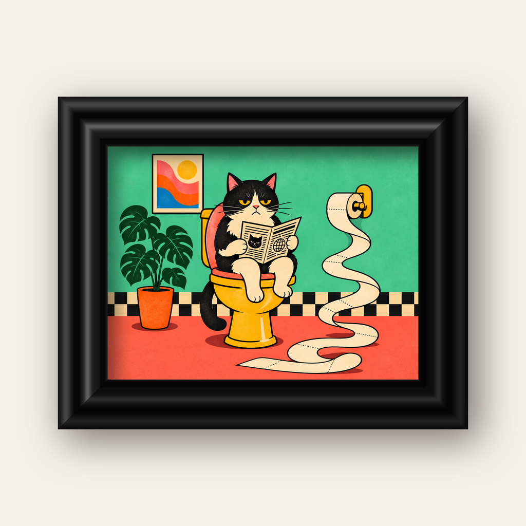 Tuvalette Gazete Okuyan Kedi Dijital Poster Krem Sarı — siyah galeri çerçeveli