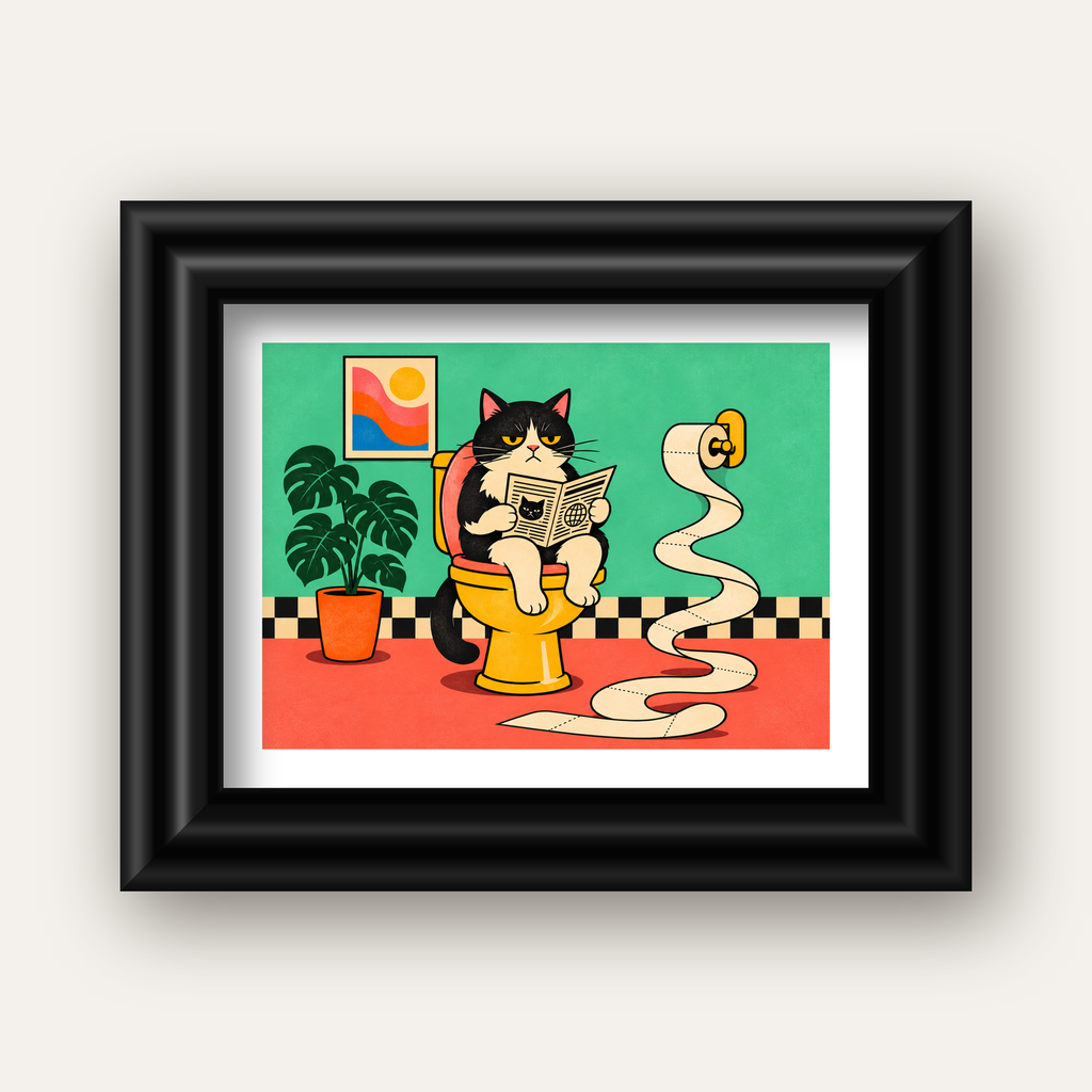 Tuvalette Gazete Okuyan Kedi Dijital Poster Krem Sarı — siyah galeri çerçeveli paspartulu
