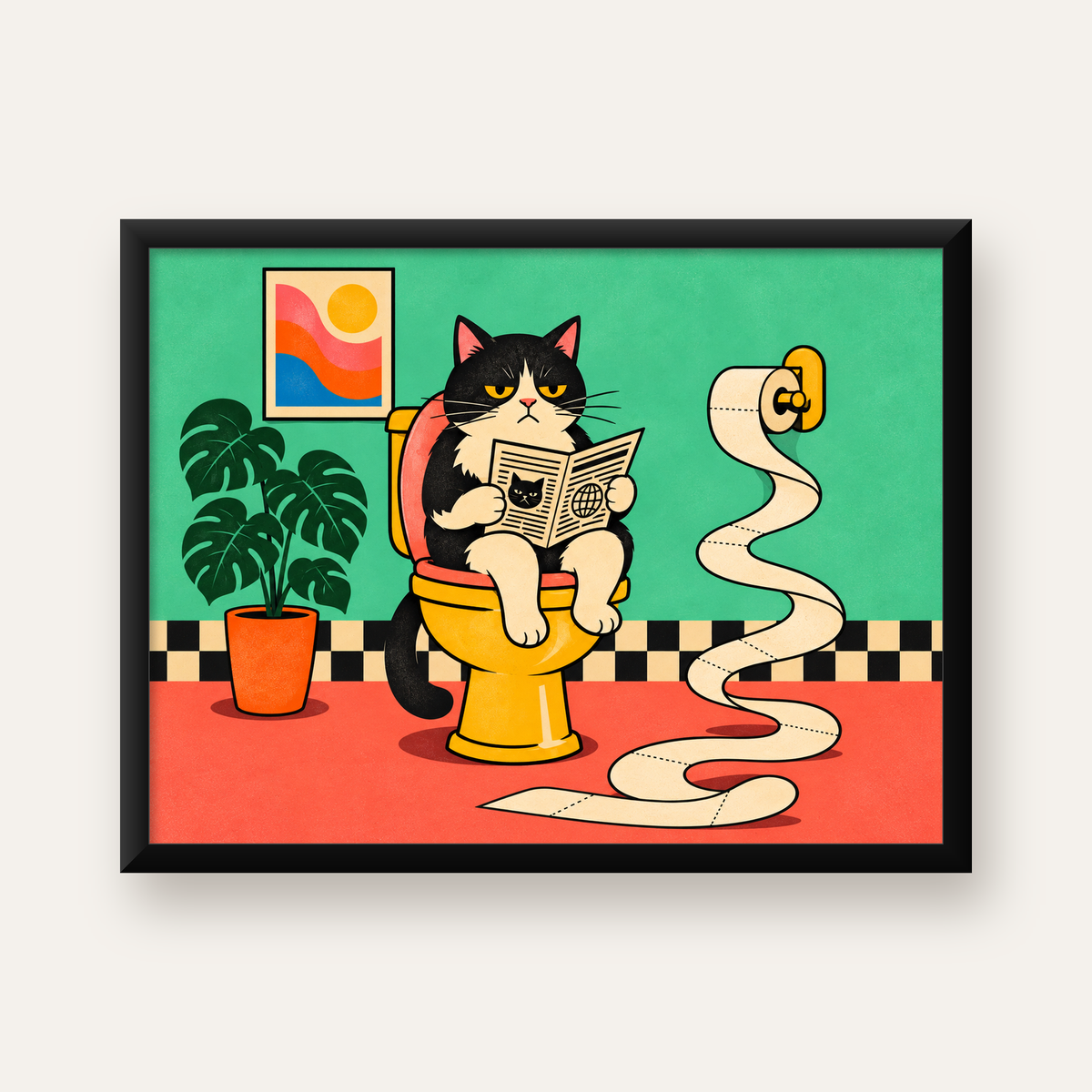 Tuvalette Gazete Okuyan Kedi Dijital Poster Krem Sarı — Yatay baskı, düz siyah çerçeveli duvar posteri