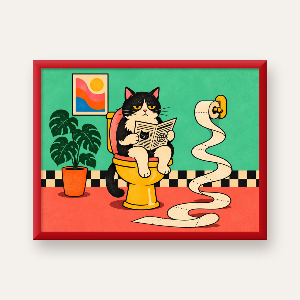Tuvalette Gazete Okuyan Kedi Dijital Poster Krem Sarı — kırmızı çerçeveli