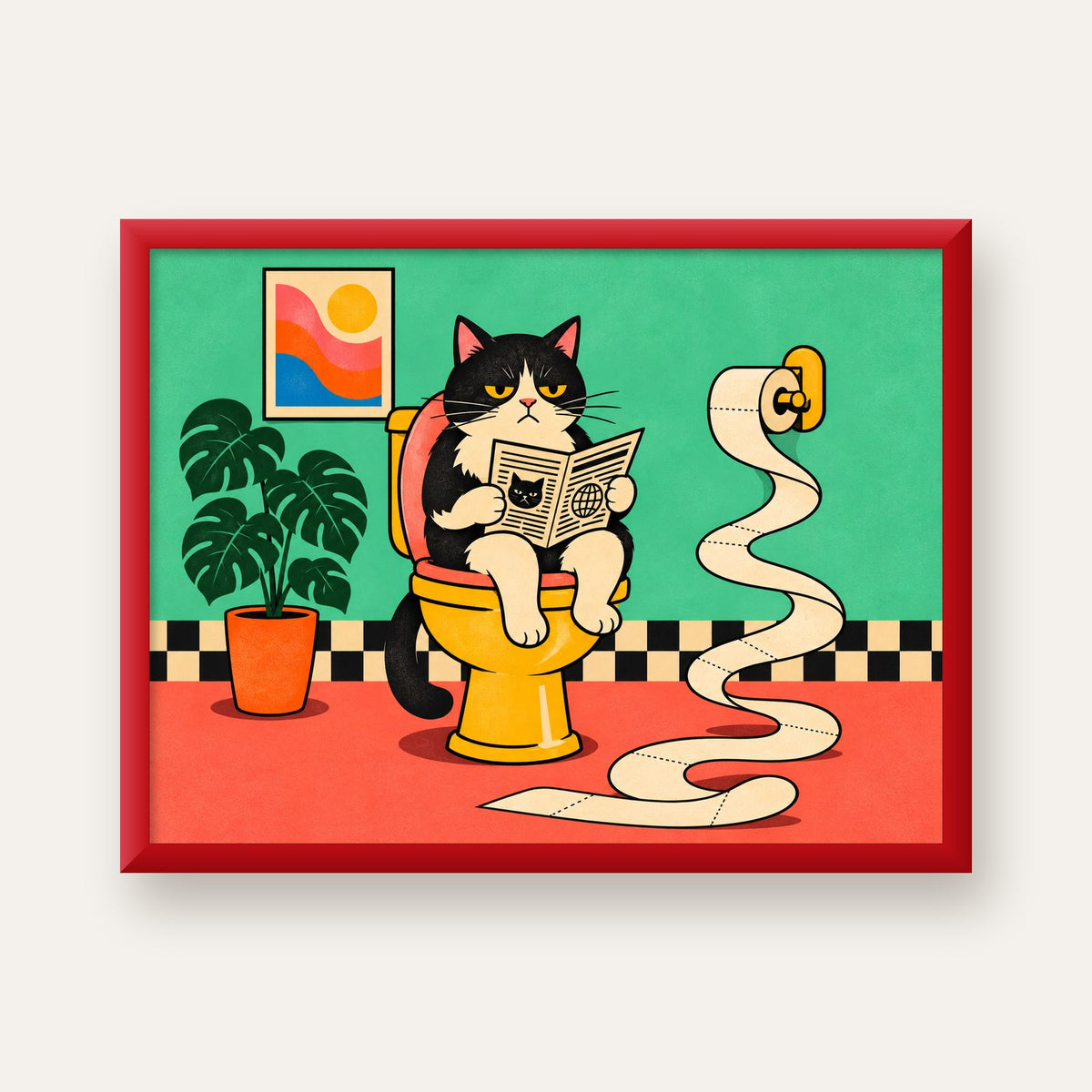 Tuvalette Gazete Okuyan Kedi Dijital Poster Krem Sarı — kırmızı çerçeveli