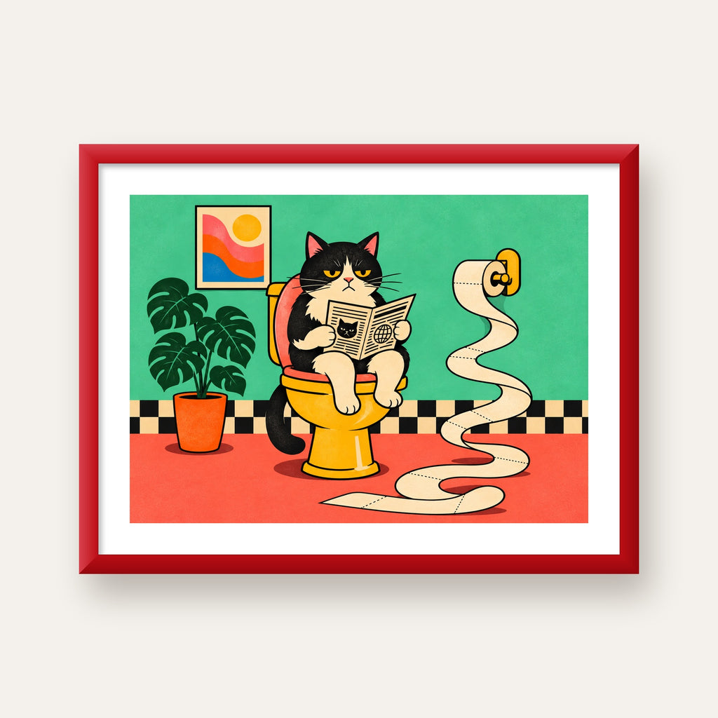 Tuvalette Gazete Okuyan Kedi Dijital Poster Krem Sarı — kırmızı çerçeveli paspartulu