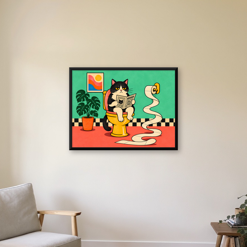 Tuvalette Gazete Okuyan Kedi Dijital Poster Krem Sarı — Yatay baskı, çerçeveli hâliyle bir ev duvarında