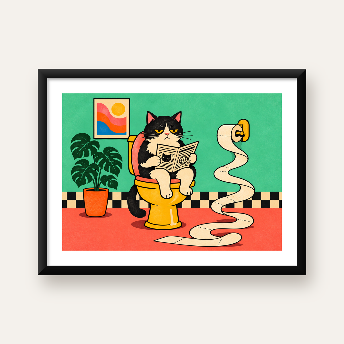 Tuvalette Gazete Okuyan Kedi Dijital Poster Krem Sarı — Yatay baskı, beyaz paspartulu