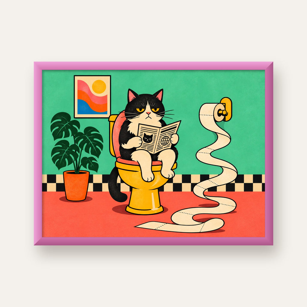 Tuvalette Gazete Okuyan Kedi Dijital Poster Krem Sarı — pembe çerçeveli