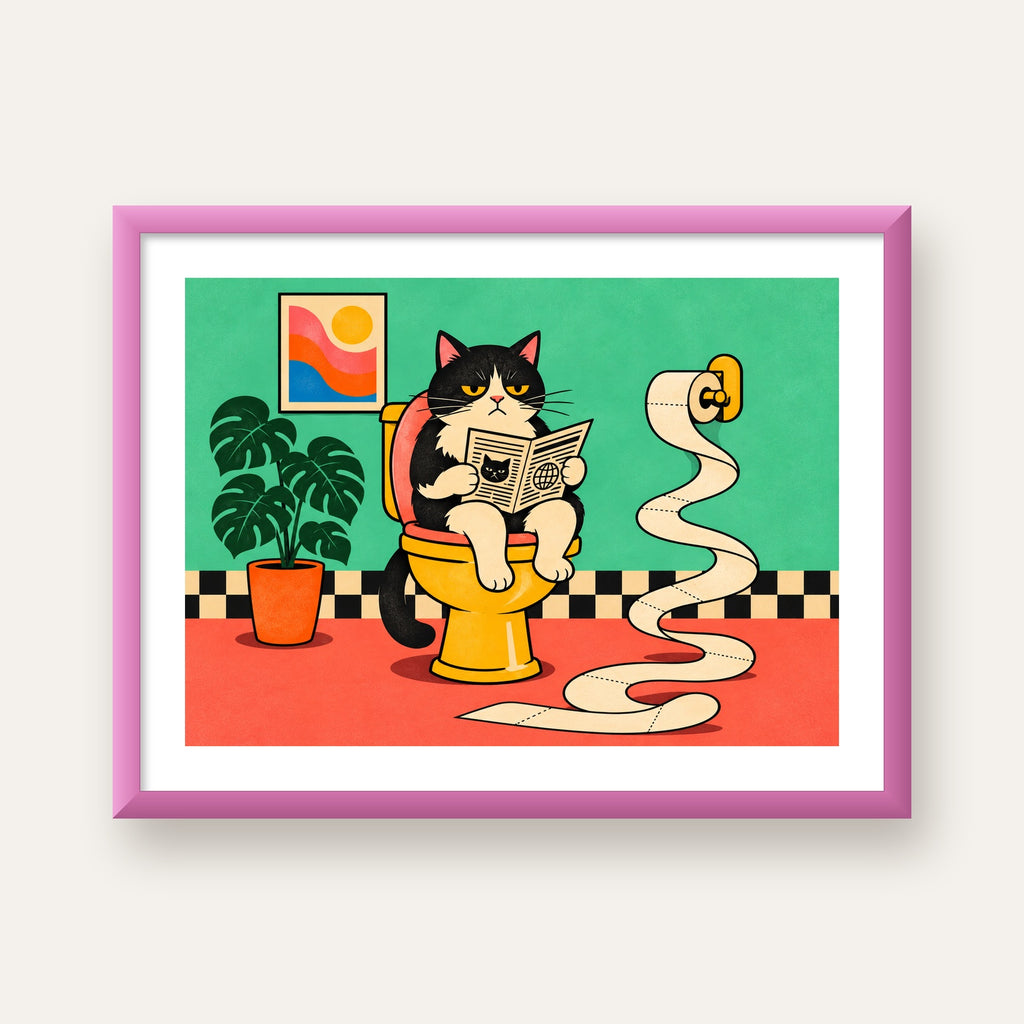 Tuvalette Gazete Okuyan Kedi Dijital Poster Krem Sarı — pembe çerçeveli paspartulu