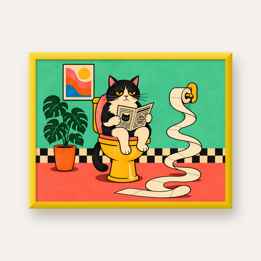 Tuvalette Gazete Okuyan Kedi Dijital Poster Krem Sarı — sarı çerçeveli