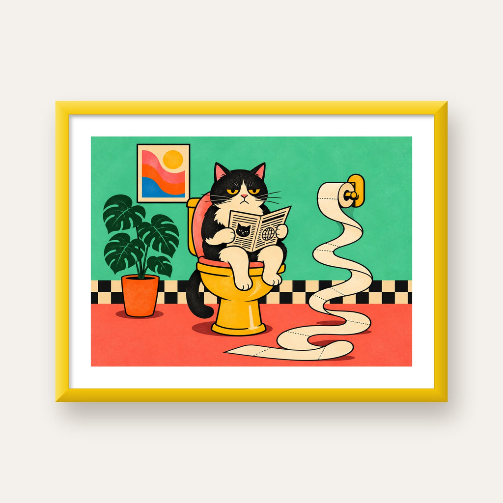 Tuvalette Gazete Okuyan Kedi Dijital Poster Krem Sarı — sarı çerçeveli paspartulu