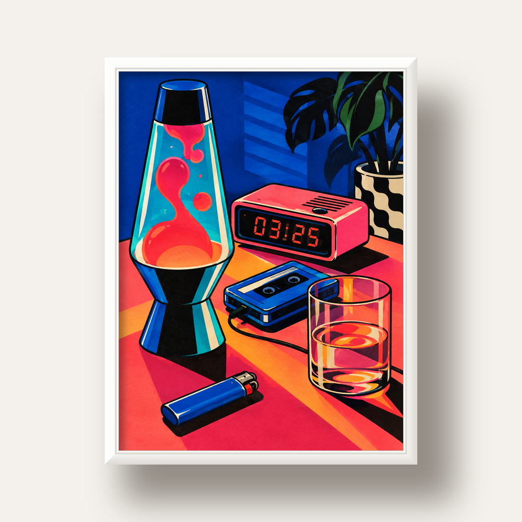 Retro Masa Üstü Objeleri Poster – Canlı Renkli Dijital Tasarım — beyaz derin çerçeveli