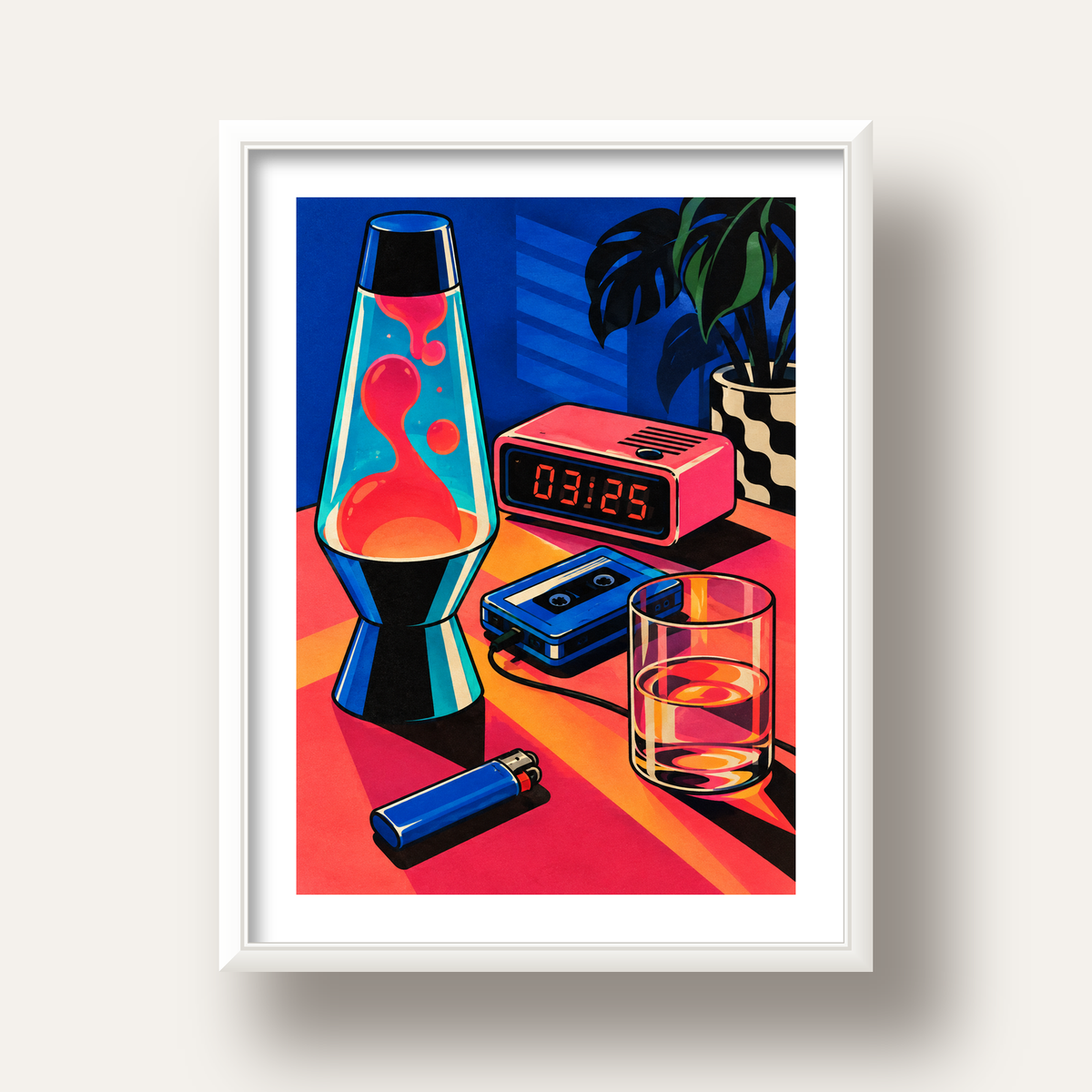 Retro Masa Üstü Objeleri Poster – Canlı Renkli Dijital Tasarım — beyaz derin çerçeveli paspartulu