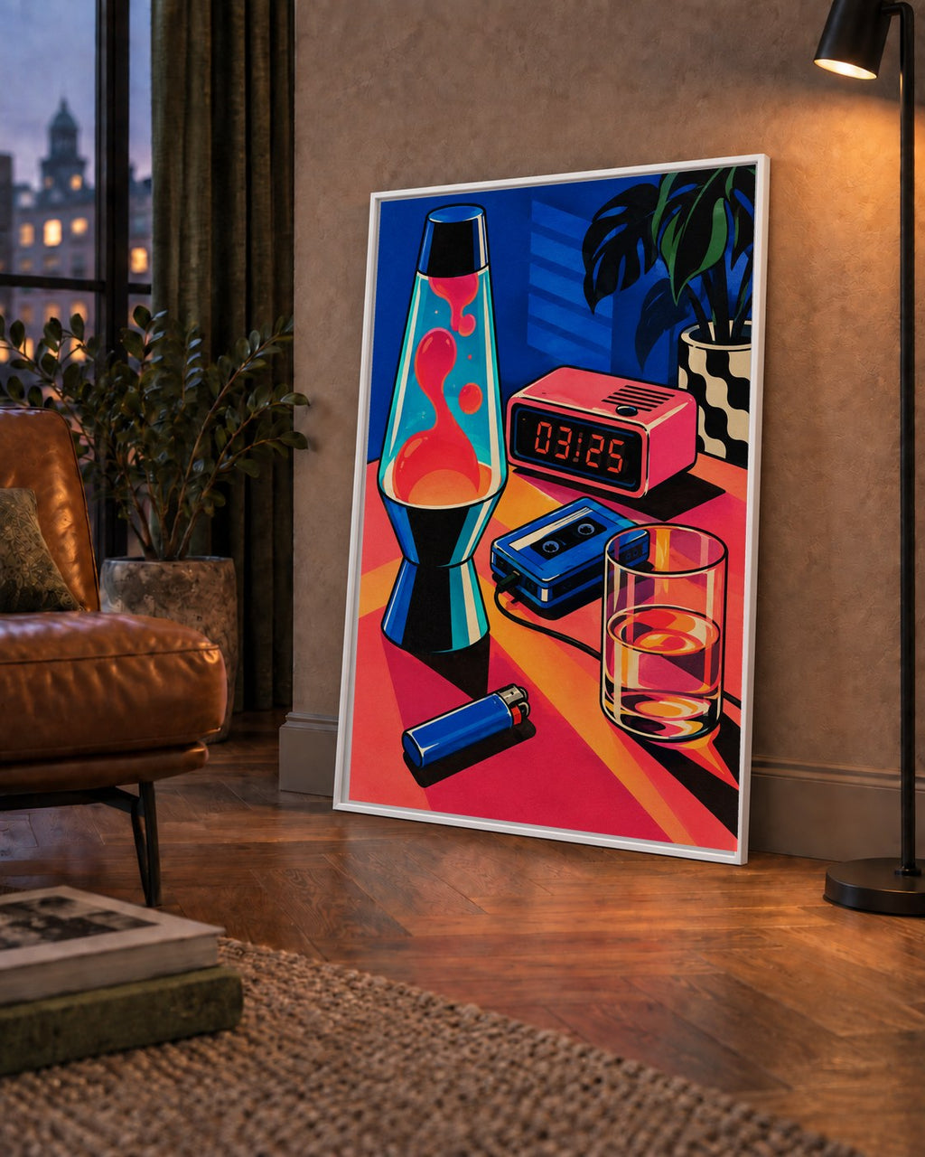 Retro Masa Üstü Objeleri Poster – Canlı Renkli Dijital Tasarım — çerçeveli hâliyle bir ev duvarında