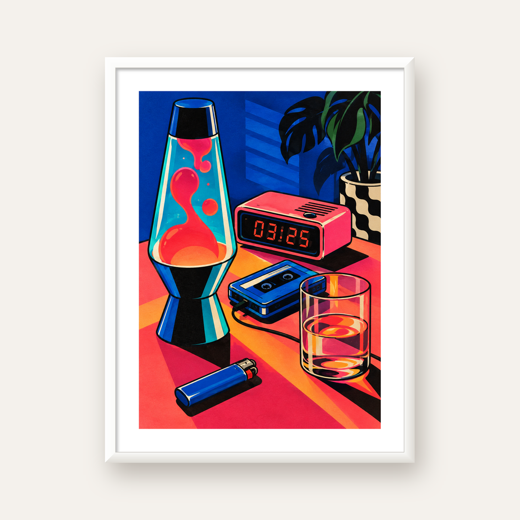 Retro Masa Üstü Objeleri Poster – Canlı Renkli Dijital Tasarım — beyaz çerçeveli dikey poster