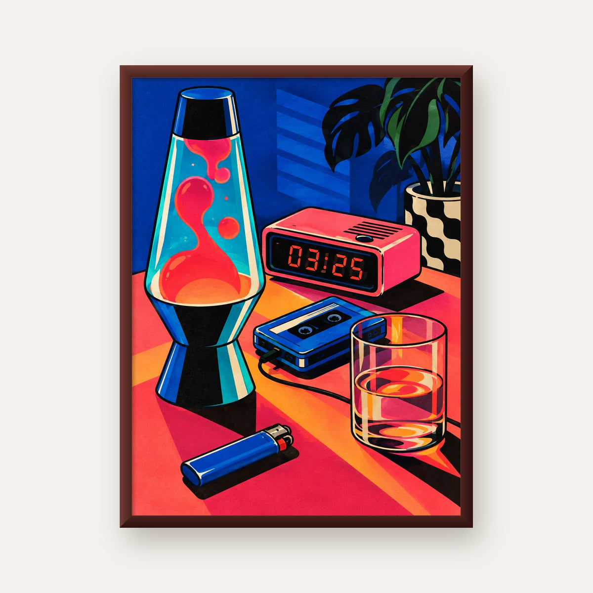 Retro Masa Üstü Objeleri Poster – Canlı Renkli Dijital Tasarım — ceviz çerçeveli