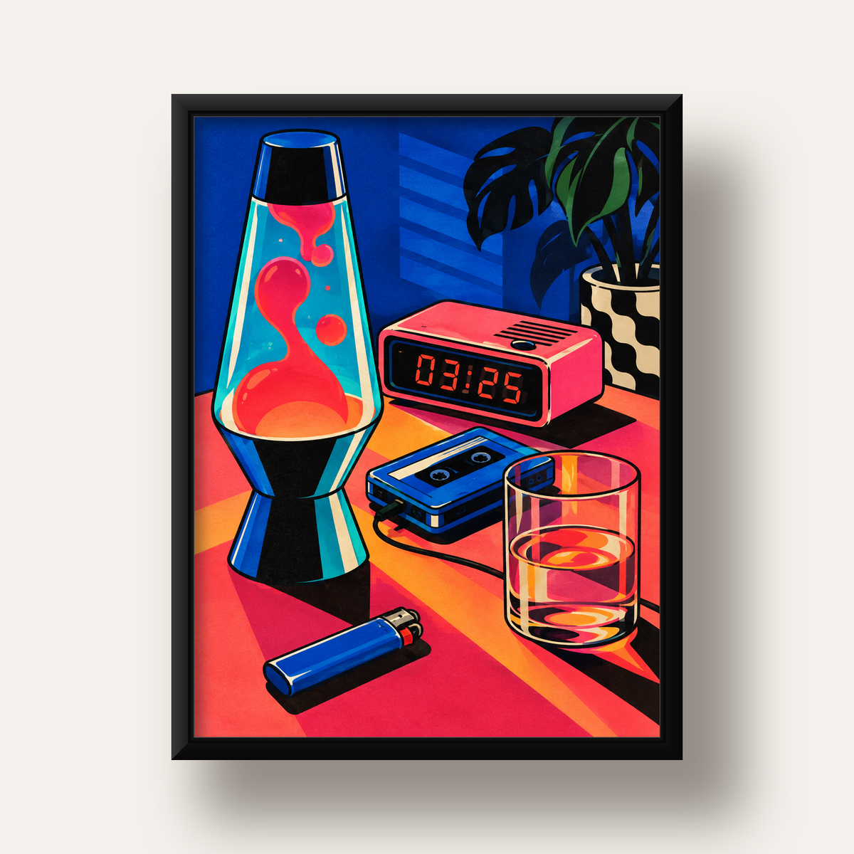 Retro Masa Üstü Objeleri Poster – Canlı Renkli Dijital Tasarım — siyah derin çerçeveli