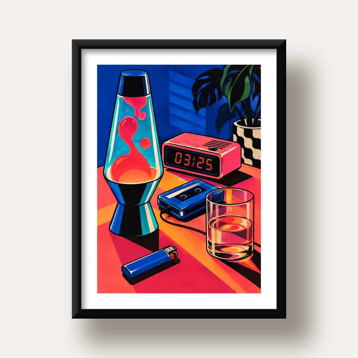 Retro Masa Üstü Objeleri Poster – Canlı Renkli Dijital Tasarım — siyah derin çerçeveli paspartulu