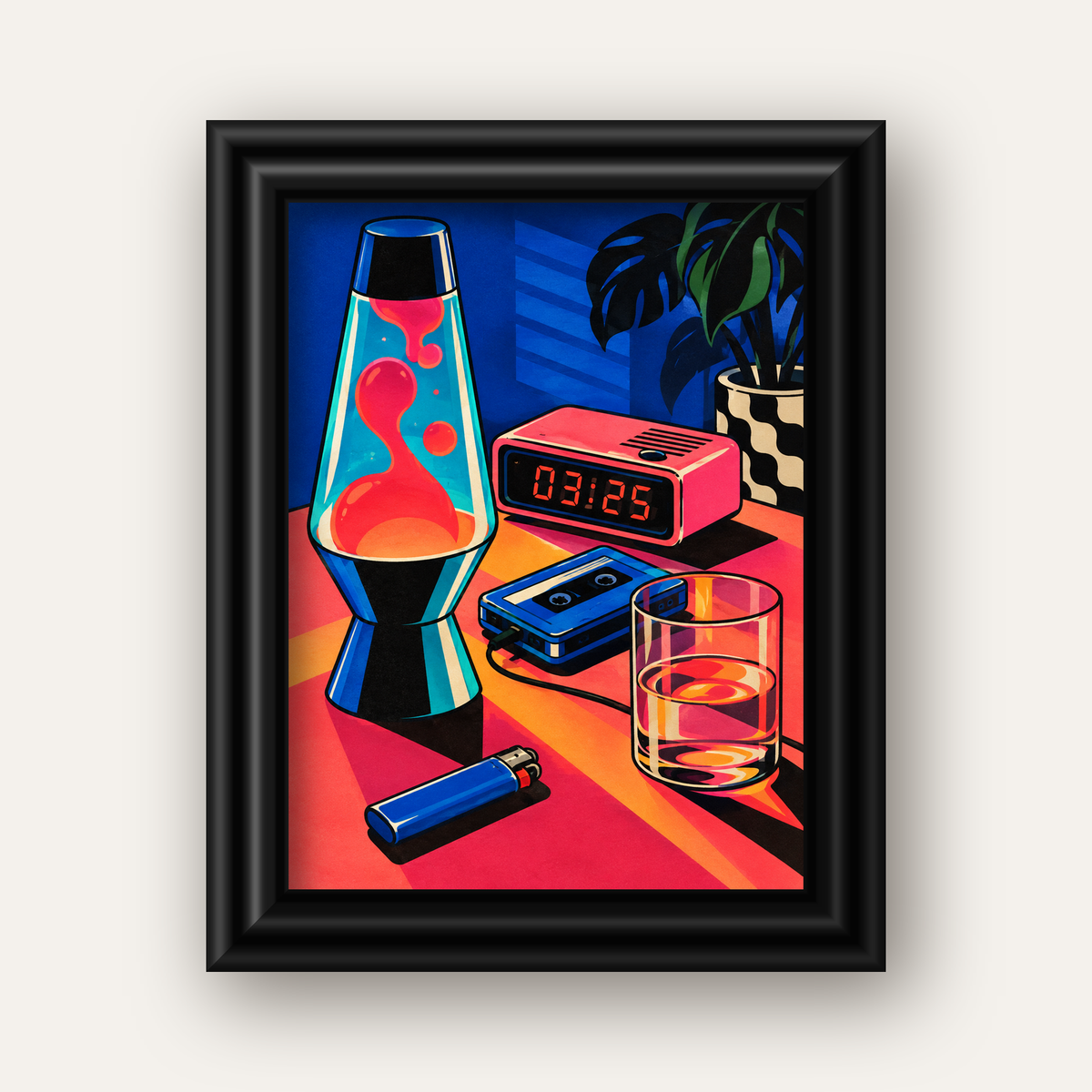 Retro Masa Üstü Objeleri Poster – Canlı Renkli Dijital Tasarım — siyah galeri çerçeveli