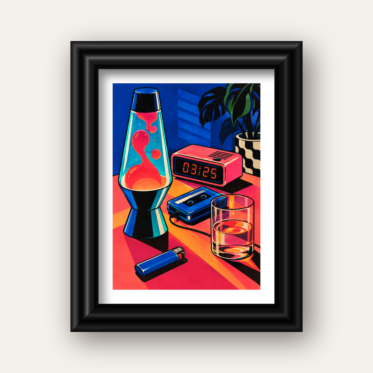 Retro Masa Üstü Objeleri Poster – Canlı Renkli Dijital Tasarım — siyah galeri çerçeveli paspartulu