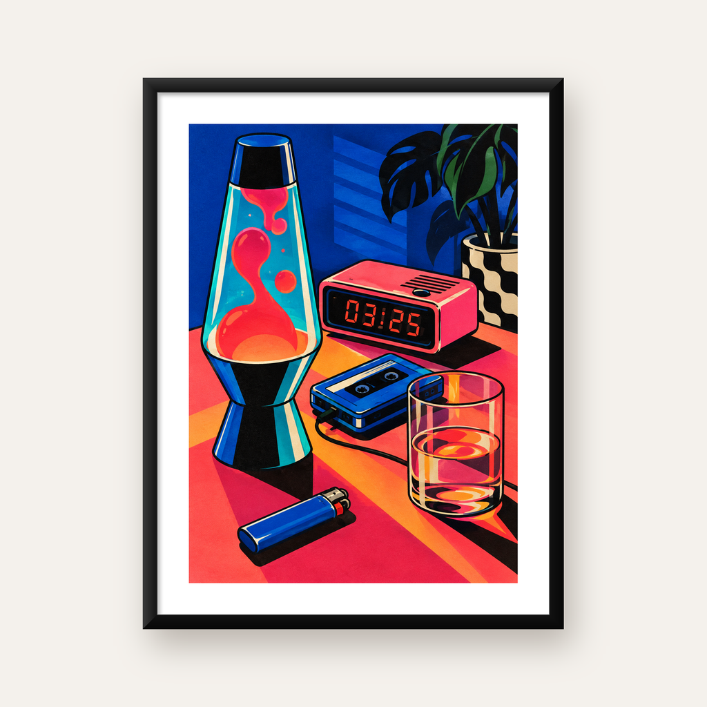 Retro Masa Üstü Objeleri Poster – Canlı Renkli Dijital Tasarım — Dikey baskı, beyaz paspartulu
