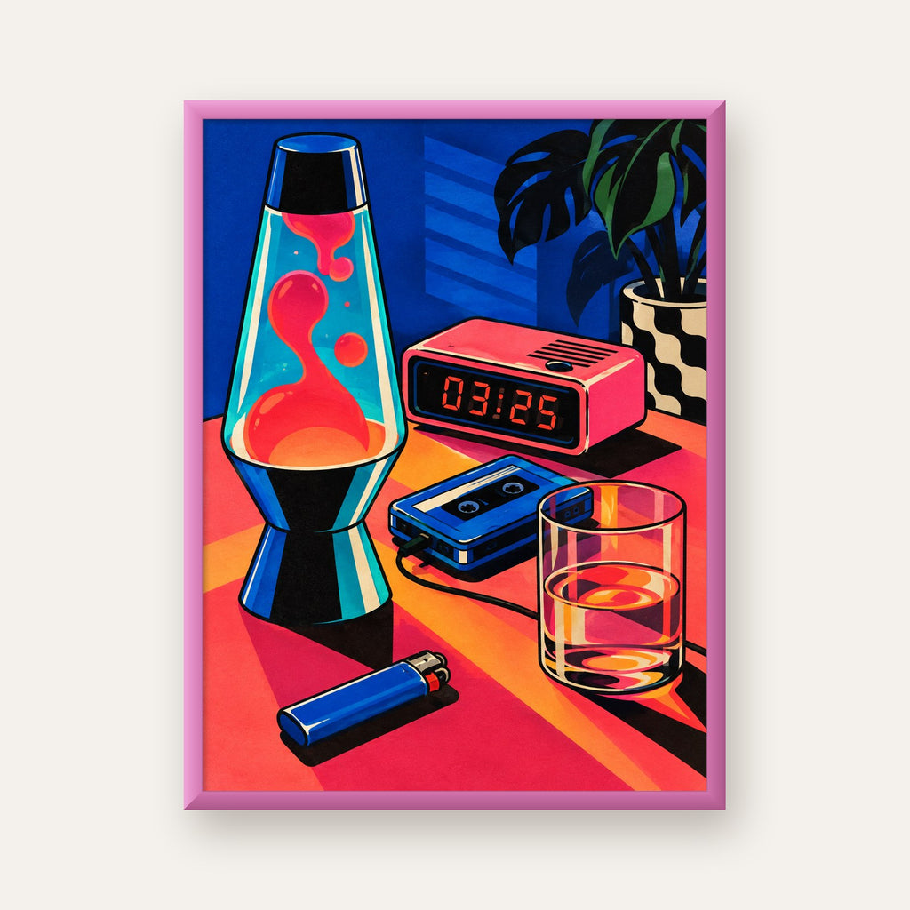 Retro Masa Üstü Objeleri Poster – Canlı Renkli Dijital Tasarım — pembe çerçeveli