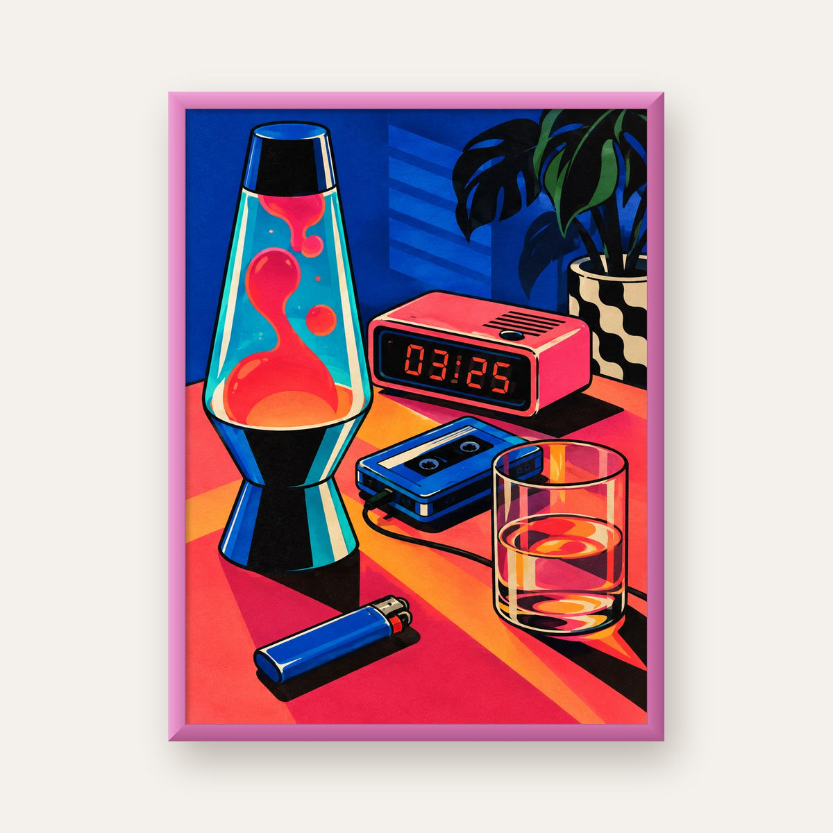Retro Masa Üstü Objeleri Poster – Canlı Renkli Dijital Tasarım — pembe çerçeveli
