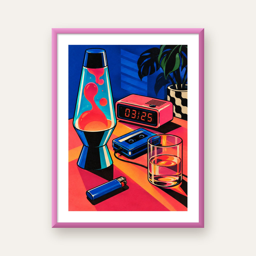 Retro Masa Üstü Objeleri Poster – Canlı Renkli Dijital Tasarım — pembe çerçeveli paspartulu