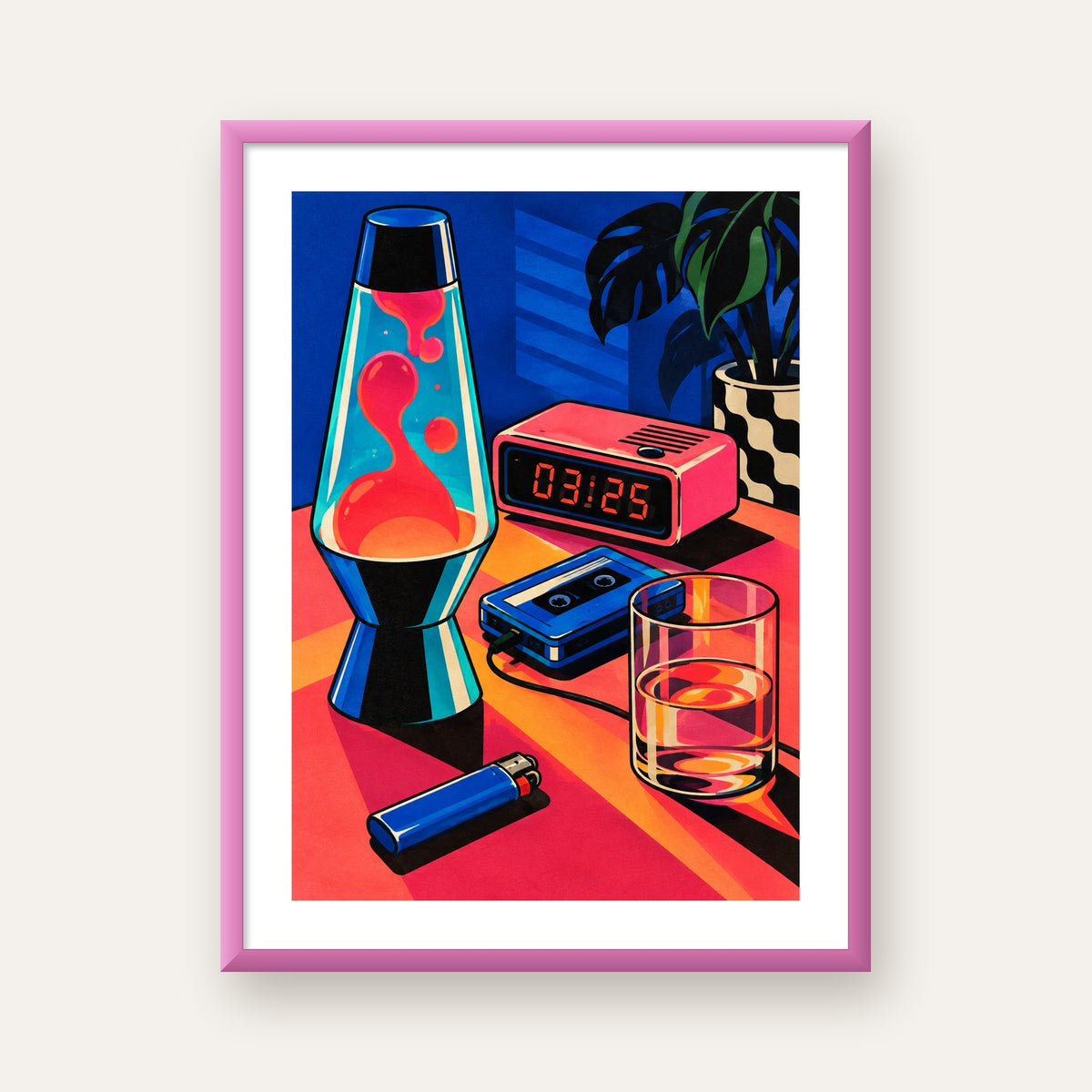 Retro Masa Üstü Objeleri Poster – Canlı Renkli Dijital Tasarım — pembe çerçeveli paspartulu