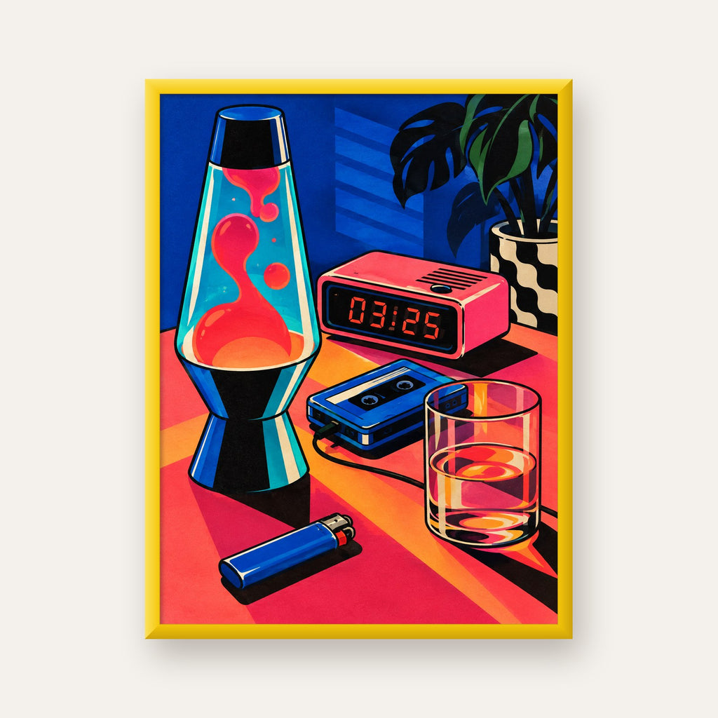 Retro Masa Üstü Objeleri Poster – Canlı Renkli Dijital Tasarım — sarı çerçeveli