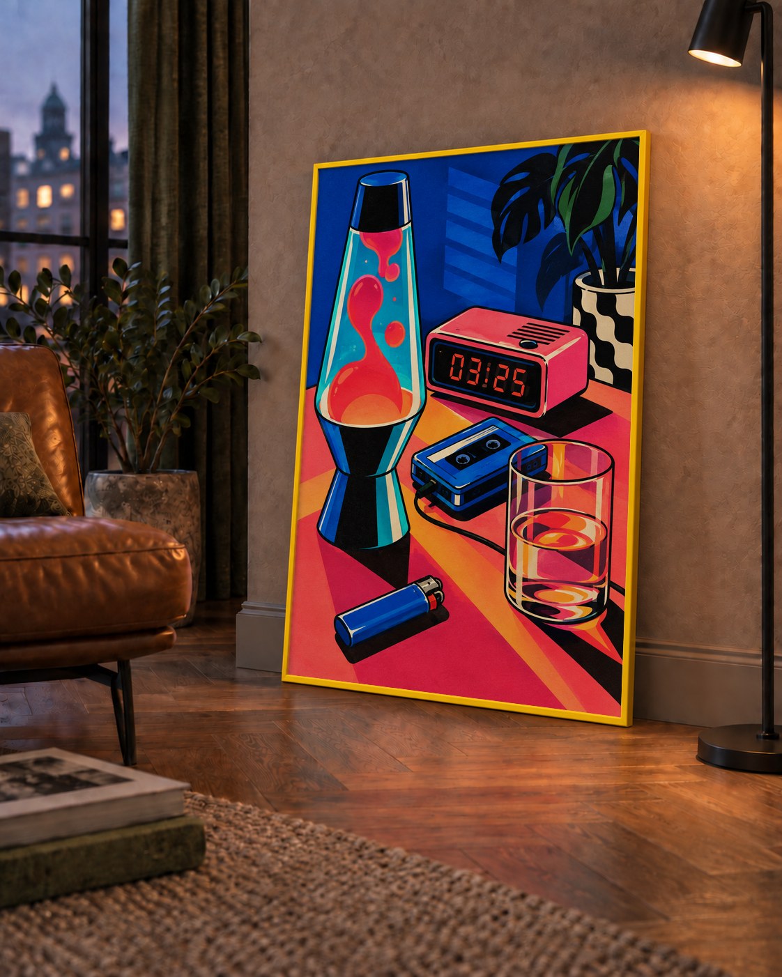 Retro Masa Üstü Objeleri Poster – Canlı Renkli Dijital Tasarım — çerçeveli hâliyle bir ev duvarında