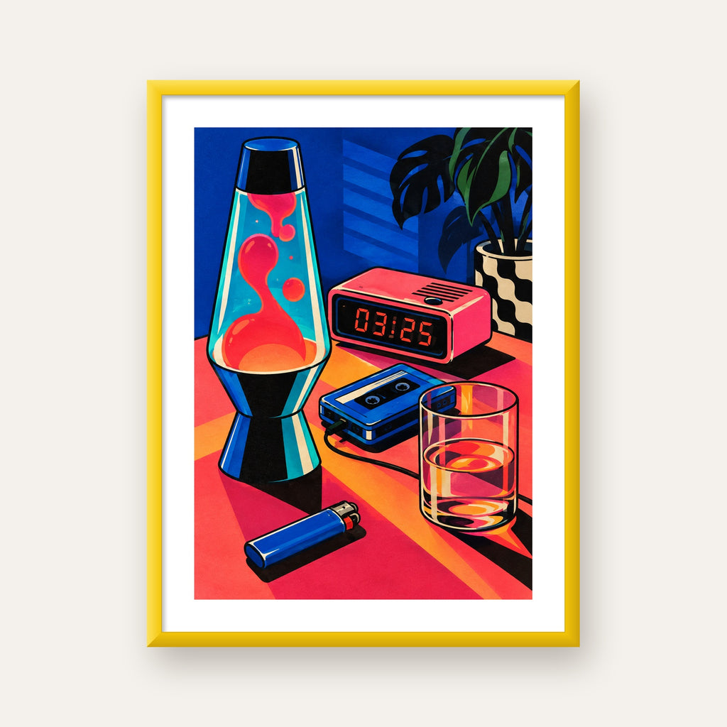 Retro Masa Üstü Objeleri Poster – Canlı Renkli Dijital Tasarım — sarı çerçeveli paspartulu