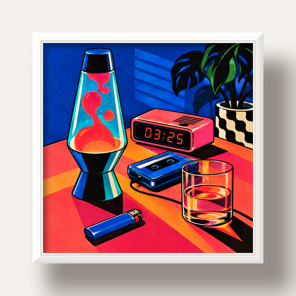 Retro Masa Üstü Objeleri Poster – Canlı Renkli Dijital Tasarım — beyaz derin çerçeveli