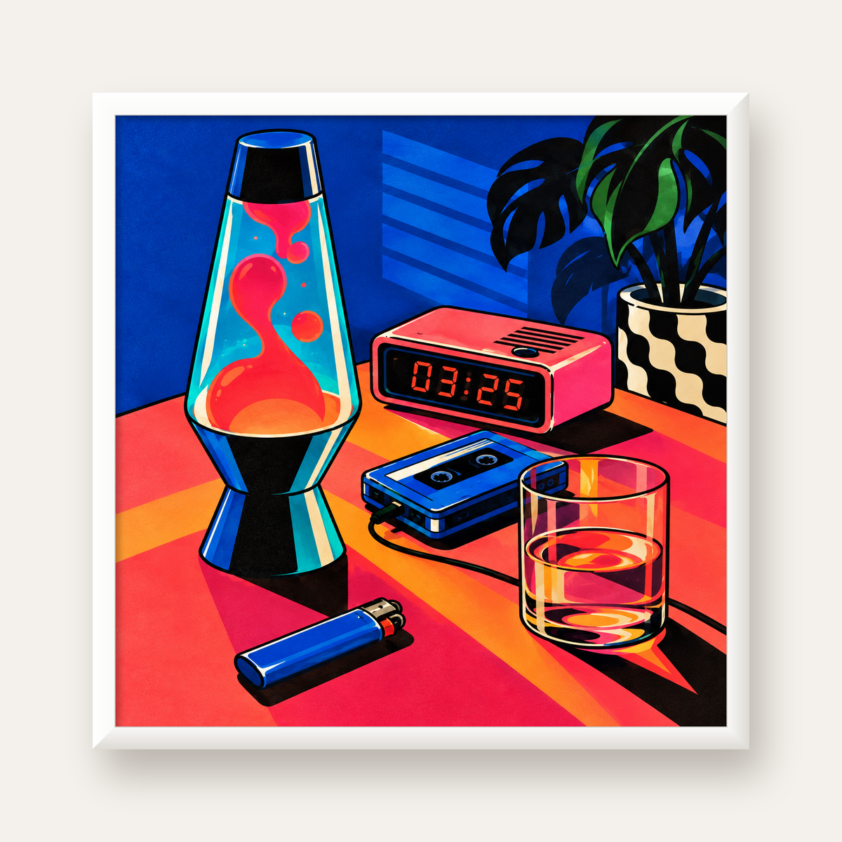 Retro Masa Üstü Objeleri Poster – Canlı Renkli Dijital Tasarım — beyaz çerçeveli kare poster