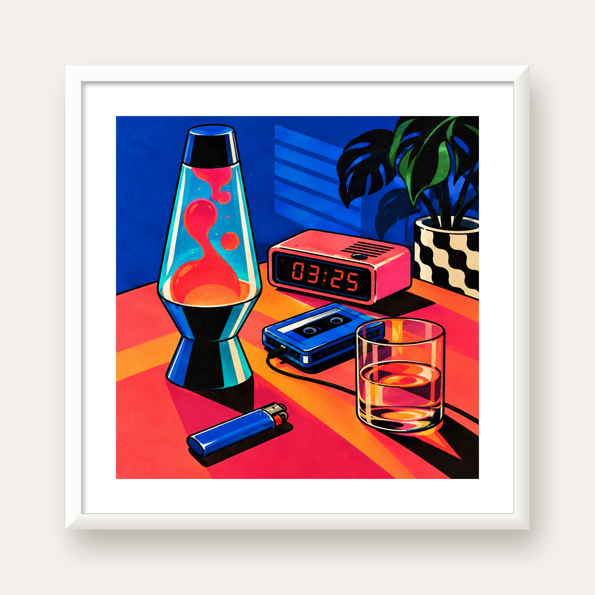 Retro Masa Üstü Objeleri Poster – Canlı Renkli Dijital Tasarım — beyaz çerçeveli kare poster