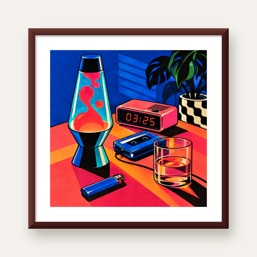 Retro Masa Üstü Objeleri Poster – Canlı Renkli Dijital Tasarım — ceviz çerçeveli paspartulu