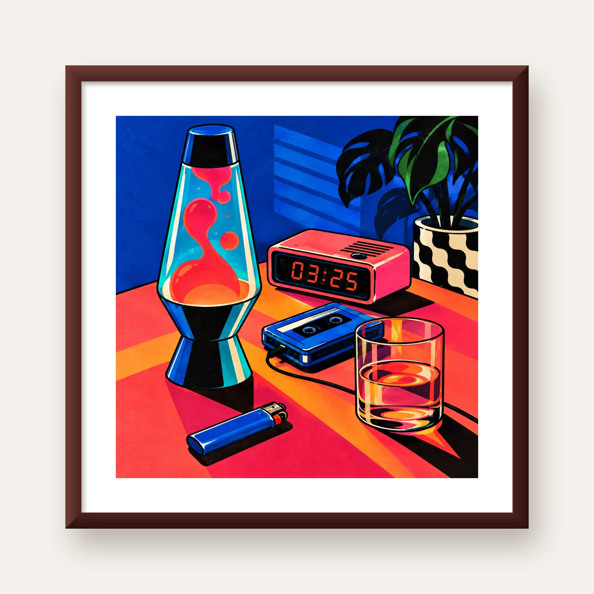 Retro Masa Üstü Objeleri Poster – Canlı Renkli Dijital Tasarım — ceviz çerçeveli paspartulu