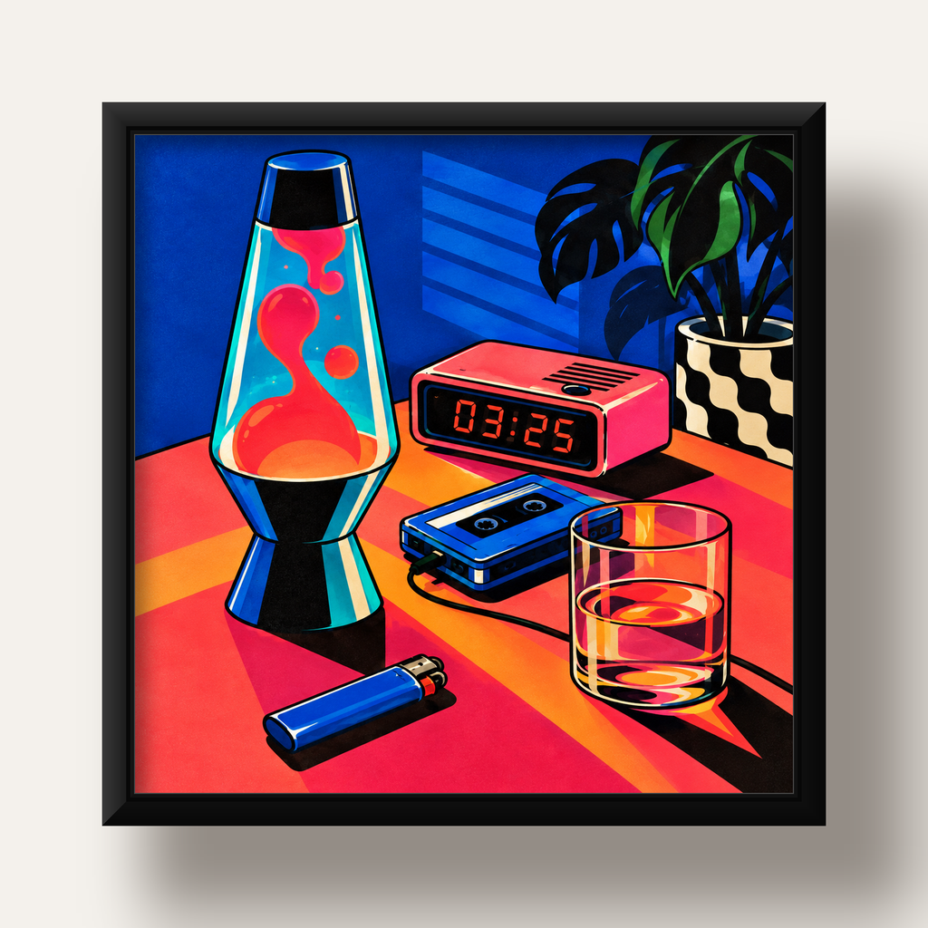 Retro Masa Üstü Objeleri Poster – Canlı Renkli Dijital Tasarım — siyah derin çerçeveli