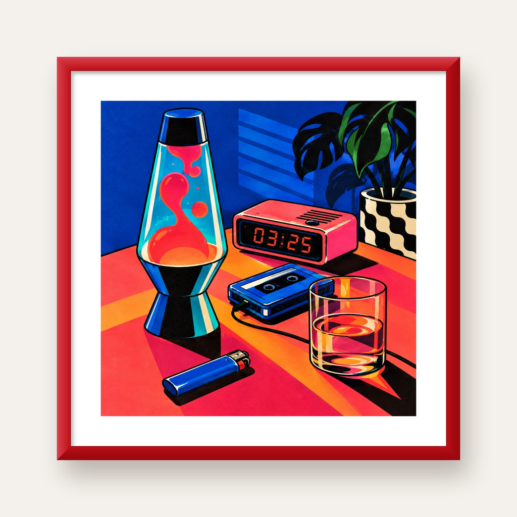Retro Masa Üstü Objeleri Poster – Canlı Renkli Dijital Tasarım — kırmızı çerçeveli paspartulu