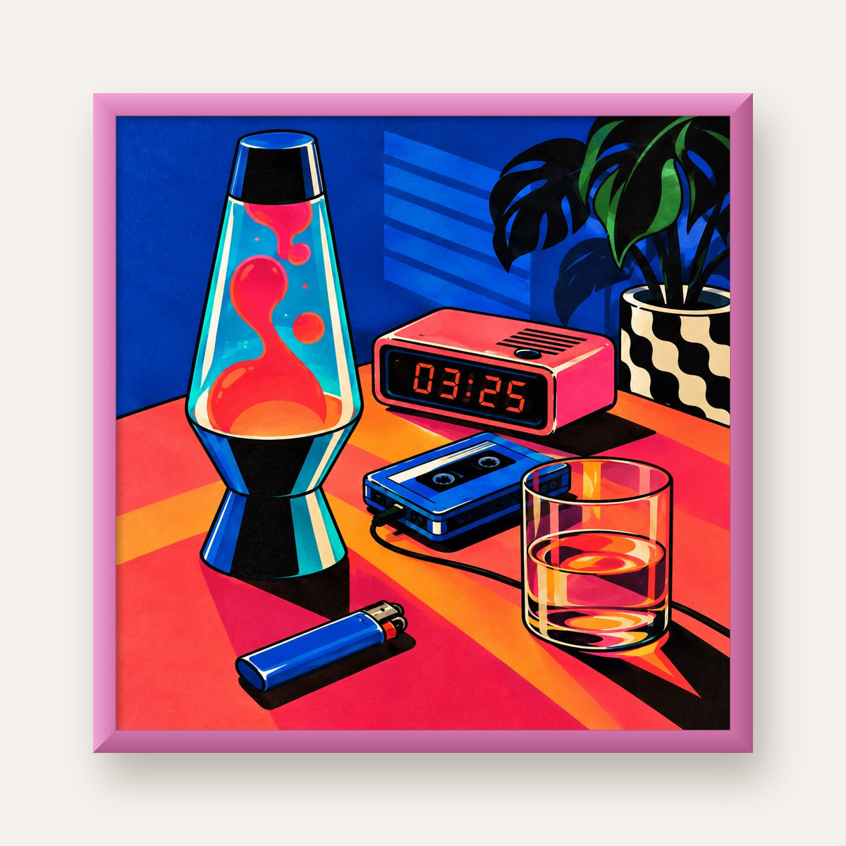 Retro Masa Üstü Objeleri Poster – Canlı Renkli Dijital Tasarım — pembe çerçeveli