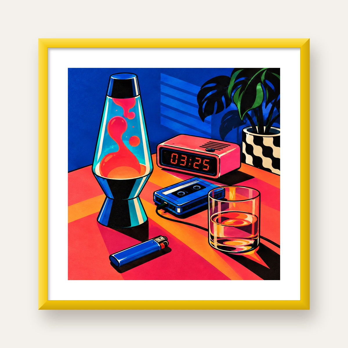 Retro Masa Üstü Objeleri Poster – Canlı Renkli Dijital Tasarım — sarı çerçeveli paspartulu