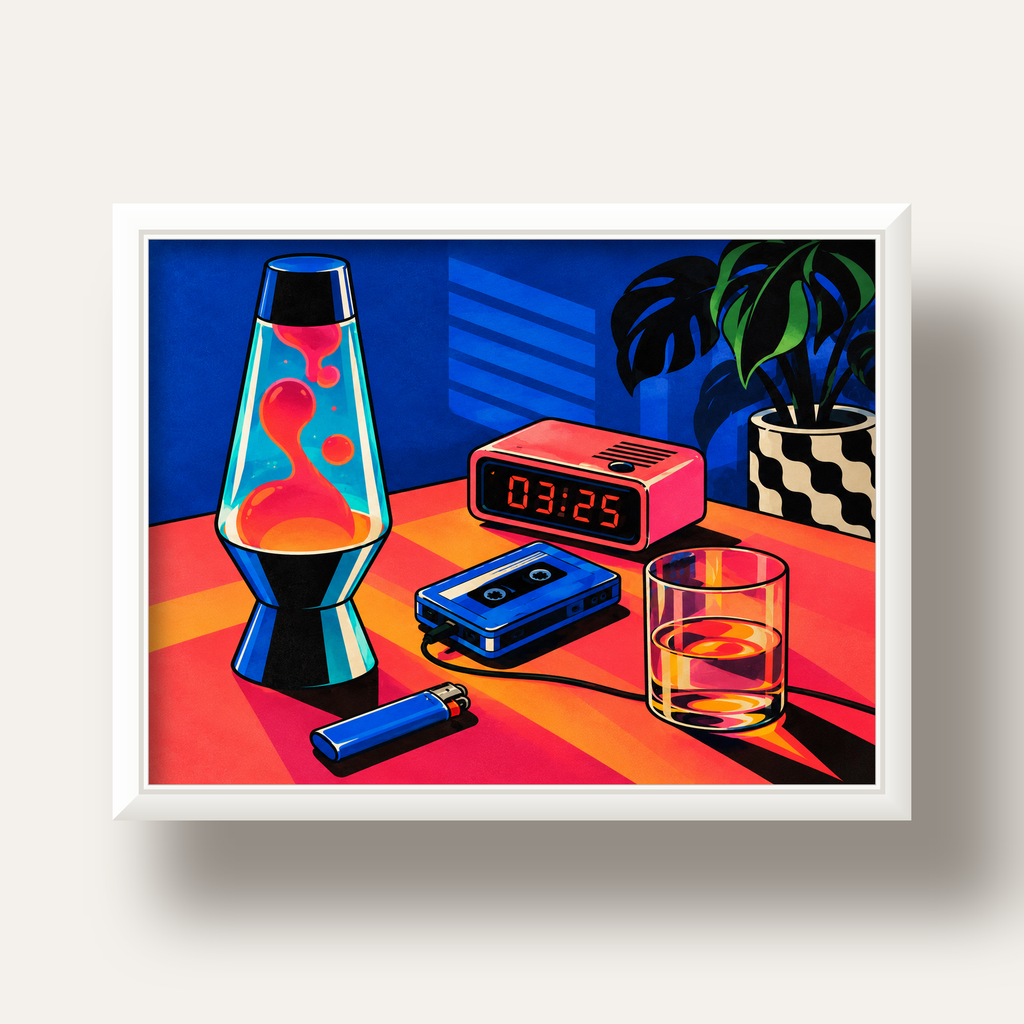 Retro Masa Üstü Objeleri Poster – Canlı Renkli Dijital Tasarım — beyaz derin çerçeveli