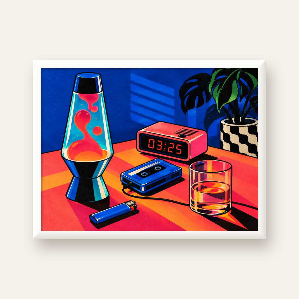 Retro Masa Üstü Objeleri Poster – Canlı Renkli Dijital Tasarım — beyaz çerçeveli yatay poster