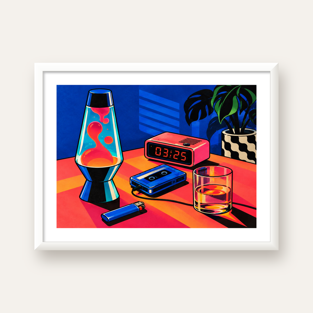 Retro Masa Üstü Objeleri Poster – Canlı Renkli Dijital Tasarım — beyaz çerçeveli yatay poster