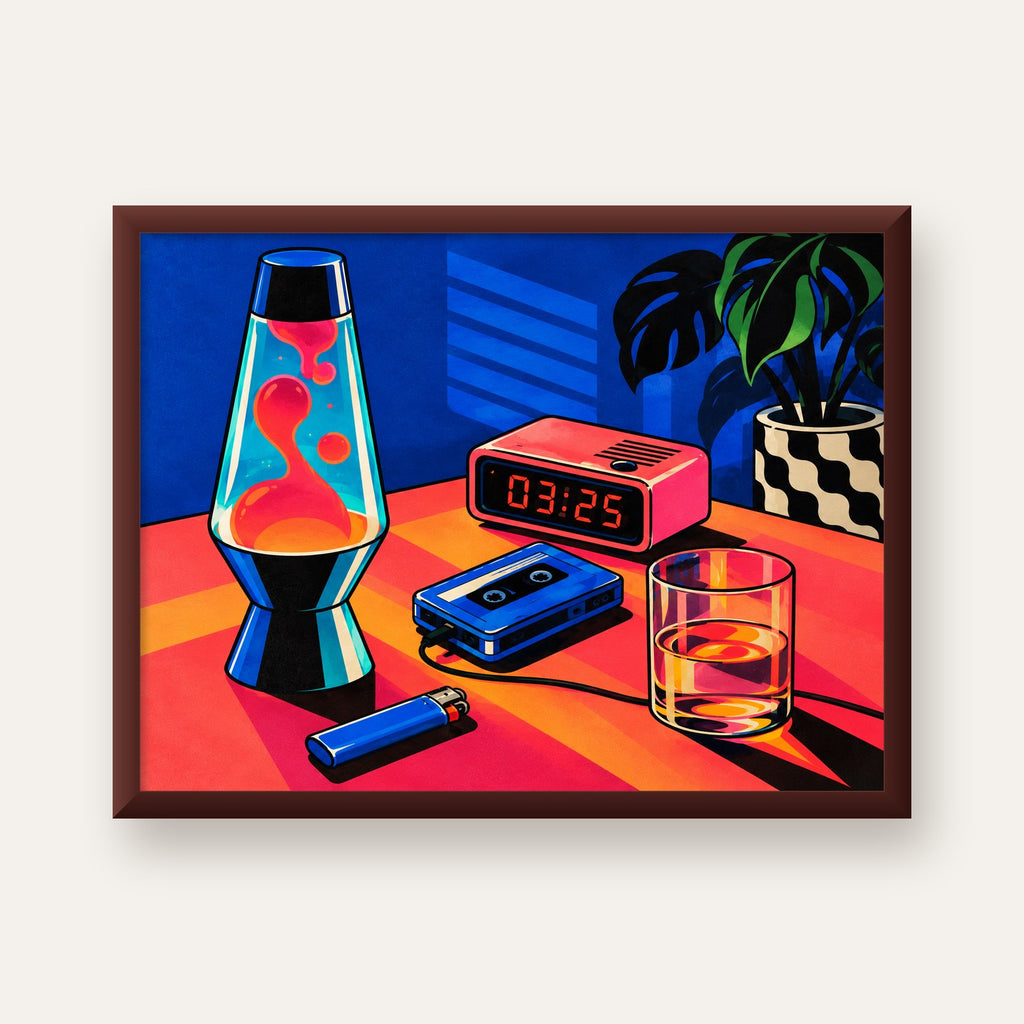 Retro Masa Üstü Objeleri Poster – Canlı Renkli Dijital Tasarım — ceviz çerçeveli