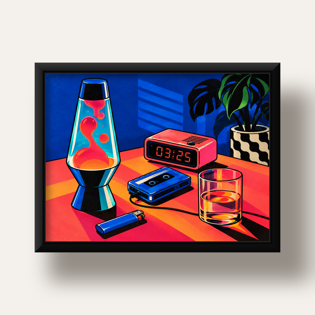 Retro Masa Üstü Objeleri Poster – Canlı Renkli Dijital Tasarım — siyah derin çerçeveli