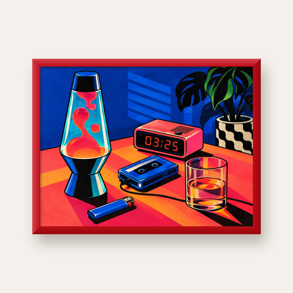 Retro Masa Üstü Objeleri Poster – Canlı Renkli Dijital Tasarım — kırmızı çerçeveli