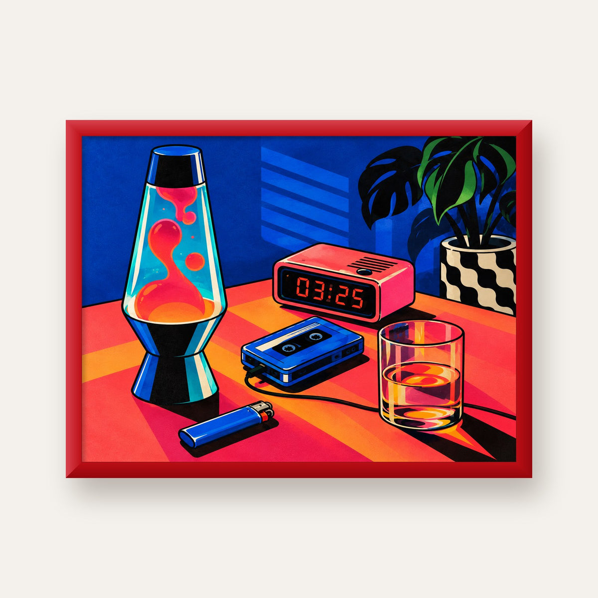 Retro Masa Üstü Objeleri Poster – Canlı Renkli Dijital Tasarım — kırmızı çerçeveli