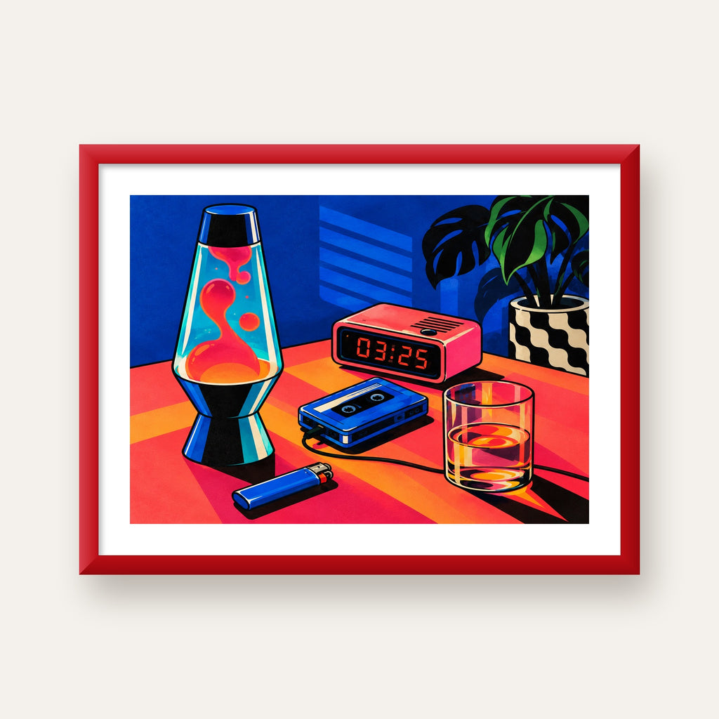 Retro Masa Üstü Objeleri Poster – Canlı Renkli Dijital Tasarım — kırmızı çerçeveli paspartulu