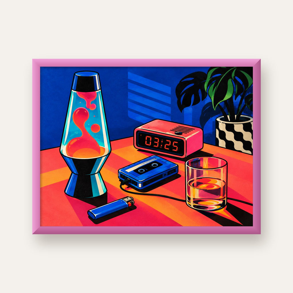 Retro Masa Üstü Objeleri Poster – Canlı Renkli Dijital Tasarım — pembe çerçeveli