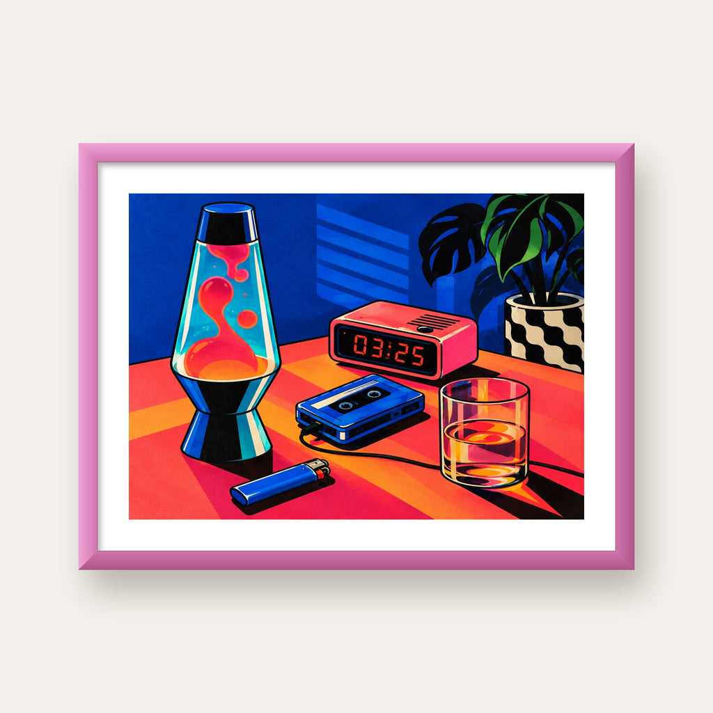 Retro Masa Üstü Objeleri Poster – Canlı Renkli Dijital Tasarım — pembe çerçeveli paspartulu